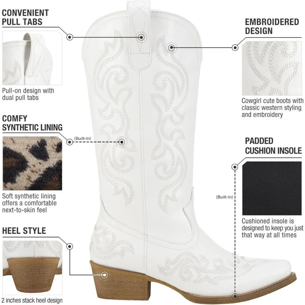 Women White Western Cowgirl Boots Snip Toe Mid-Calf Chunky Heel Ladies Shoe